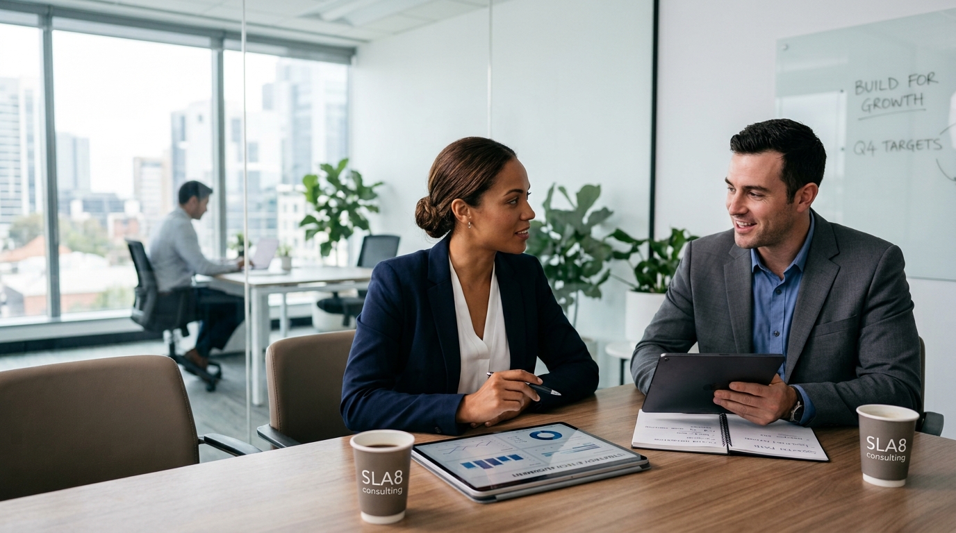 Two colleagues in a meeting, office background
