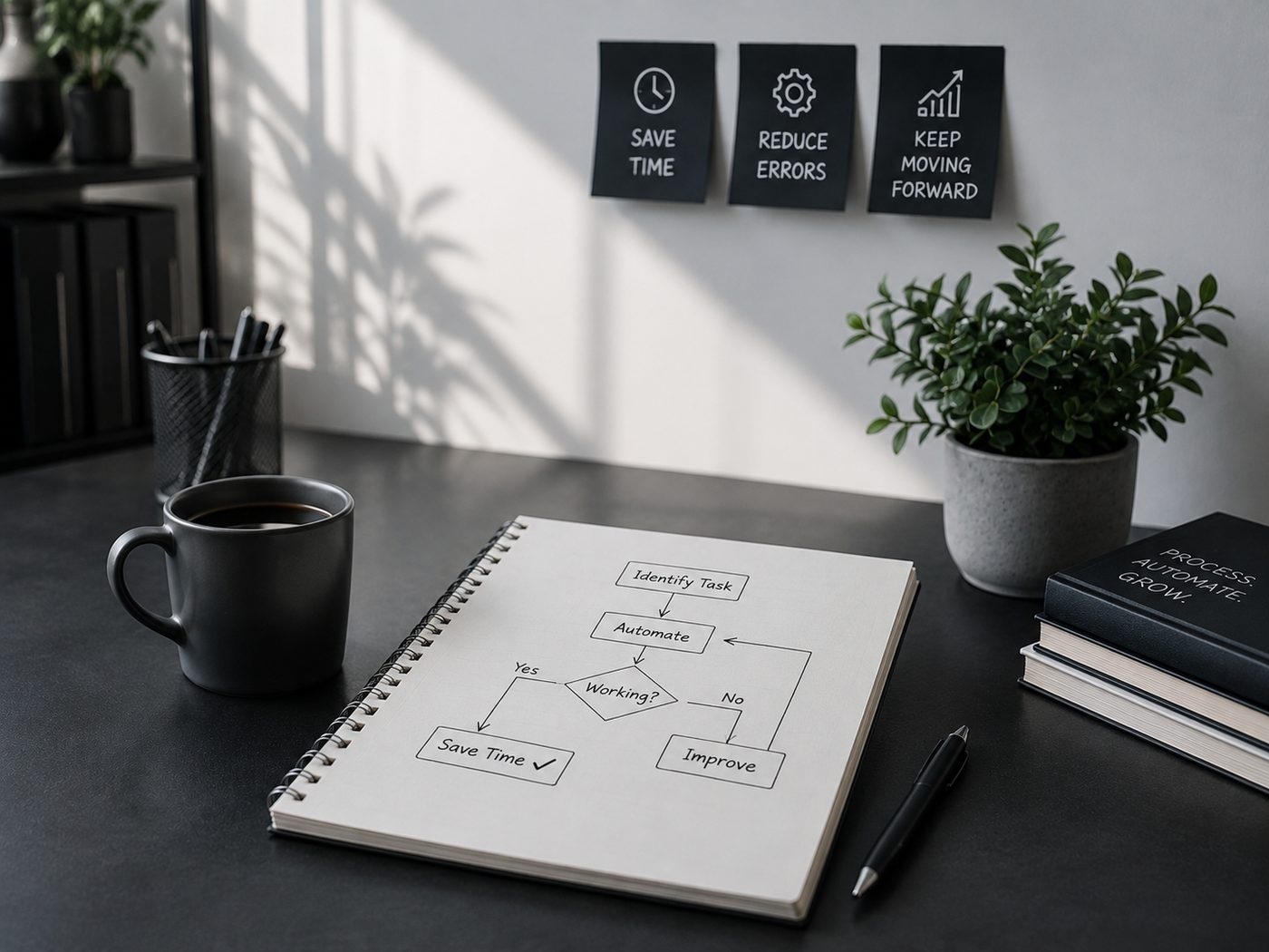 A notebook sketch of an identify task, automate, and check working workflow on a desk with a coffee mug, pens, and a plant, next to sticky notes reading save time, reduce errors, keep moving forward