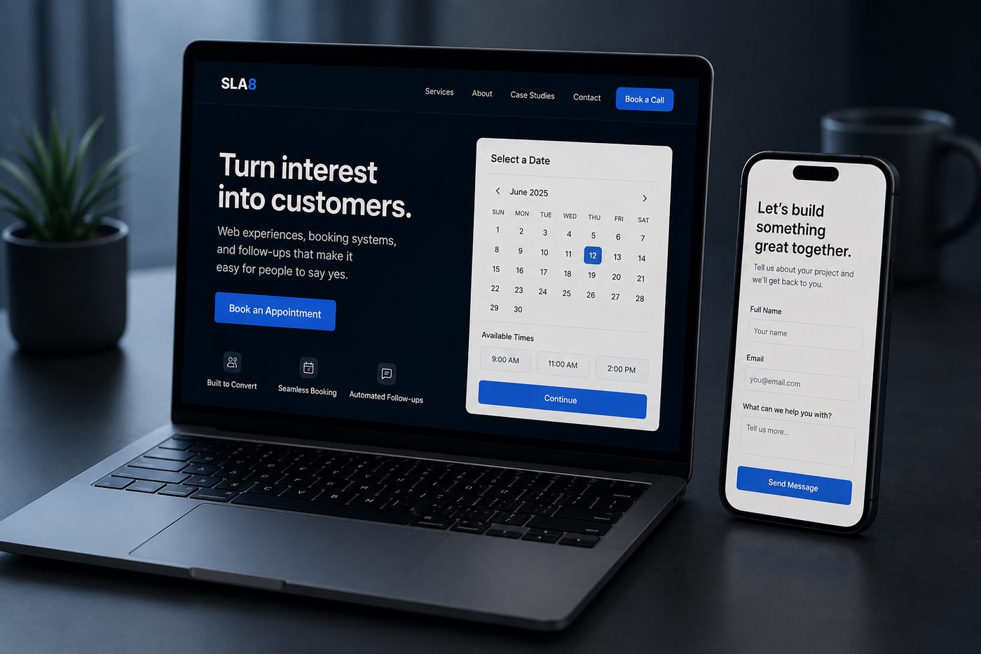 A laptop and phone showing a booking calendar and contact form built to convert visitors into customers